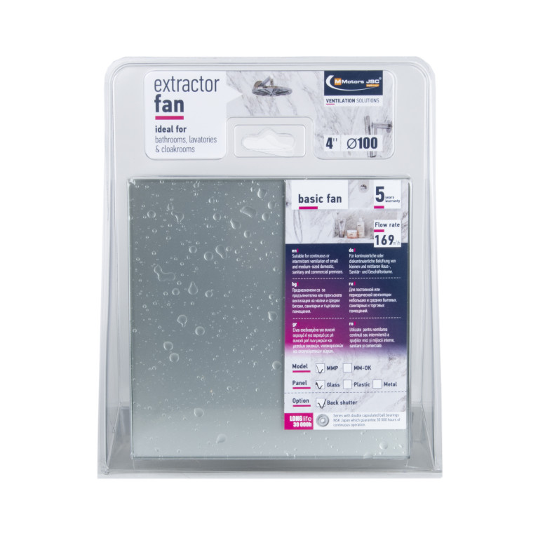 Designer fan MMP 100, 169 m³ / h, glass, light gray with drops