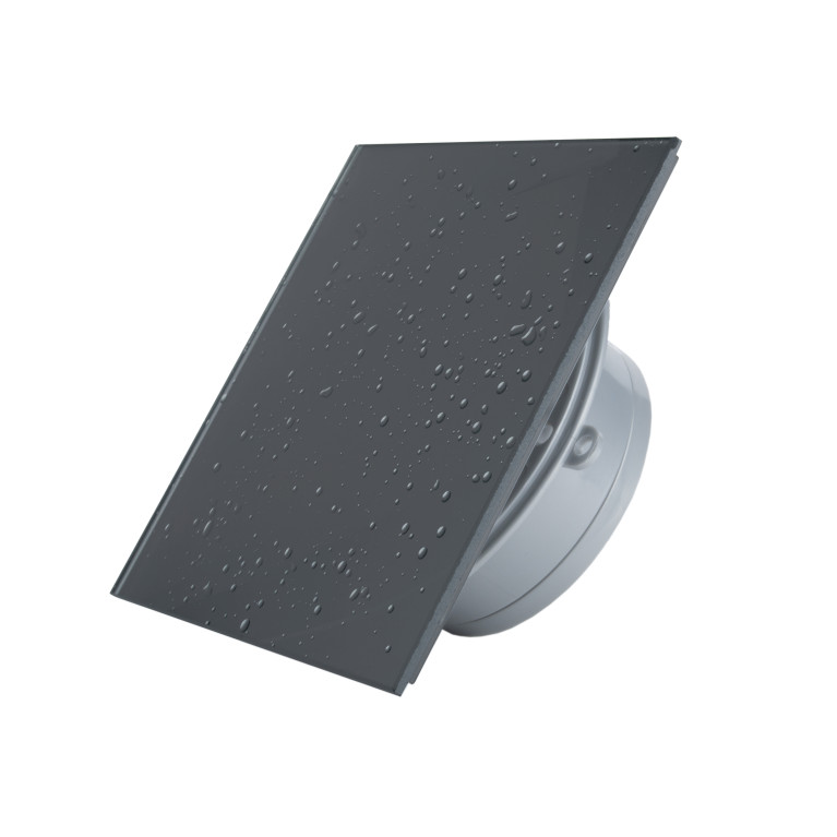Low-voltage ultra-thin fan MMP LV 100, 90 m³/h, 12V, glass, dark gray with drops