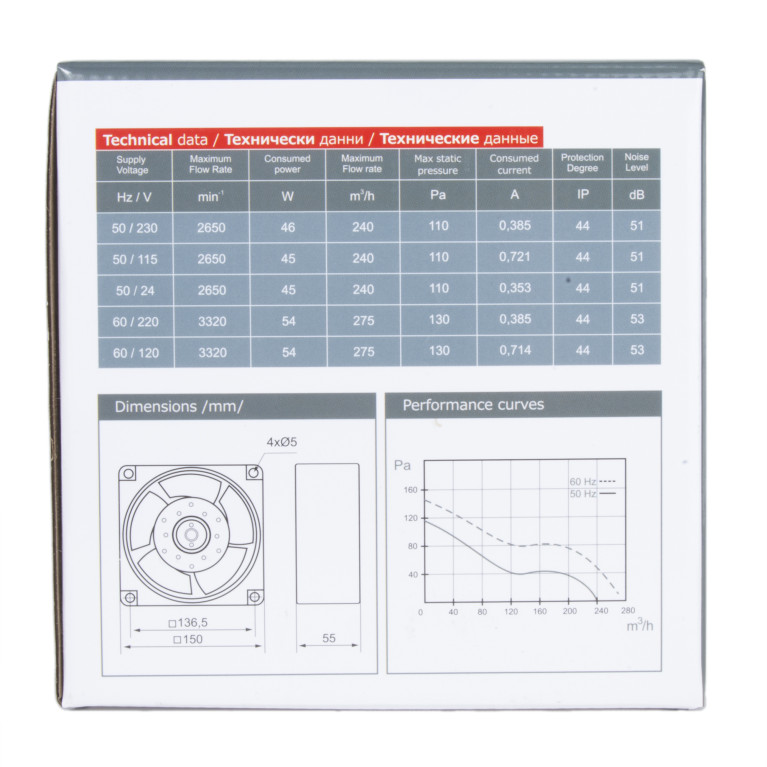 Heat-resistant axial compact fan VA 16/2 T 150, 230 V/AC, 240 m³ / h, 150x150x55 mm